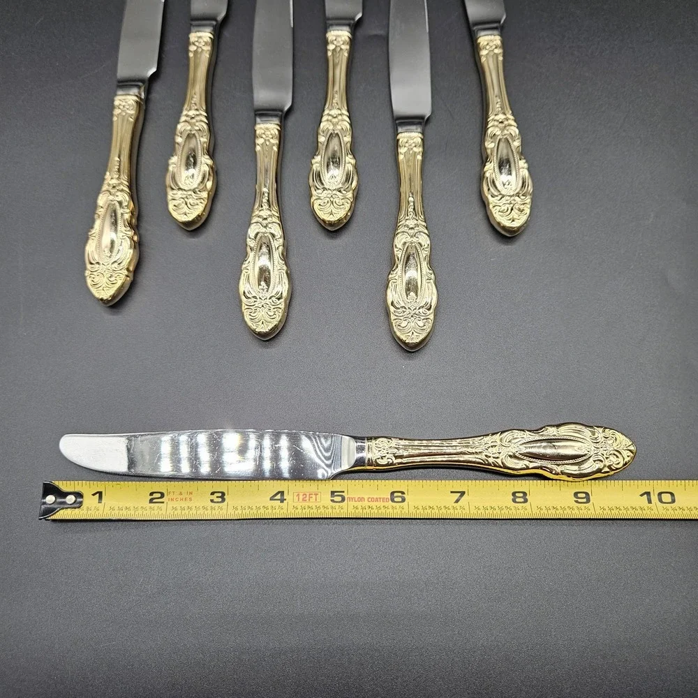 Towle Gold Electroplate Stainless 7 Dinner Knives Flatware TWS545 Cameo Scrolls
